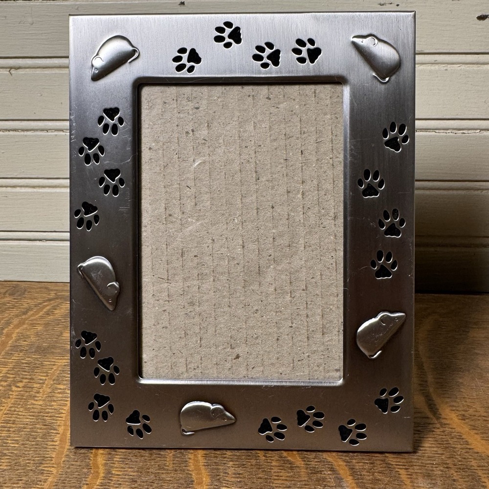 Green Tree Gallery 4x6 Photo Frame Silver Tone Paw Print Mouse Design Desk
